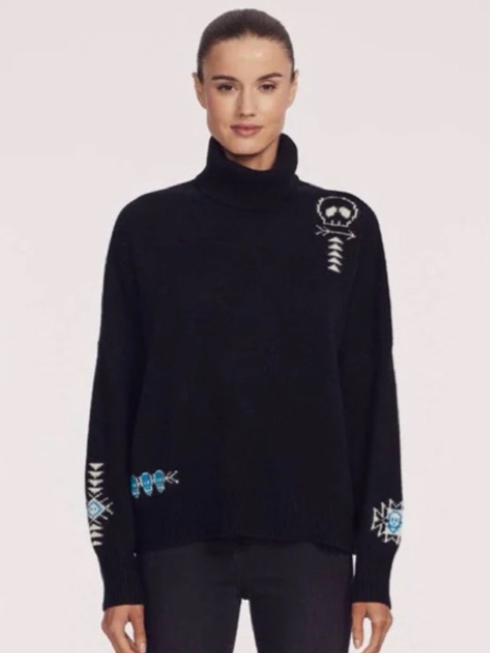 360 Cashmere Black Blue White Skull Turtleneck Cashmere Sweater Oversized XS